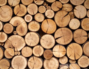 Close-up of stacked wooden logs with natural rings and cracks, showing warm brown tones and rustic texture