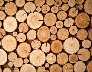 Close-up of stacked wooden logs with natural rings and cracks, showing warm brown tones and rustic texture