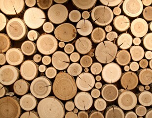 Close-up of stacked wooden logs with natural rings and cracks, showing warm brown tones and rustic texture