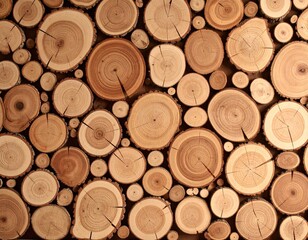 Close-up of stacked wooden logs with natural rings and cracks, showing warm brown tones and rustic texture