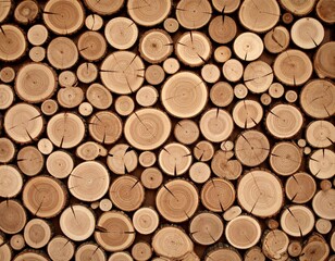 Close-up of stacked wooden logs with natural rings and cracks, showing warm brown tones and rustic texture