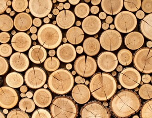 Close-up of stacked wooden logs with natural rings and cracks, showing warm brown tones and rustic texture