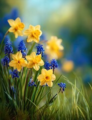 Spring bouquet of vibrant yellow daffodils and blue muscari