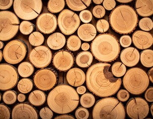 Close-up of stacked wooden logs with natural rings and cracks, showing warm brown tones and rustic texture