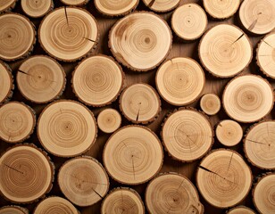 Close-up of stacked wooden logs with natural rings and cracks, showing warm brown tones and rustic texture
