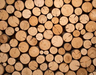 Close-up of stacked wooden logs with natural rings and cracks, showing warm brown tones and rustic texture