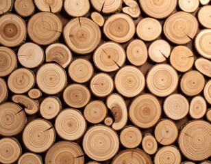 Close-up of stacked wooden logs with natural rings and cracks, showing warm brown tones and rustic texture