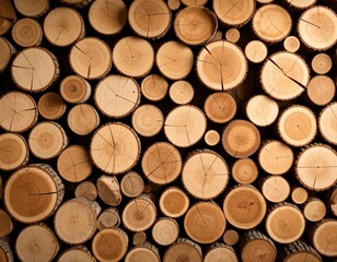 Close-up of stacked wooden logs with natural rings and cracks, showing warm brown tones and rustic texture