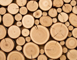 Close-up of stacked wooden logs with natural rings and cracks, showing warm brown tones and rustic texture