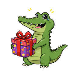 Obraz premium Joyful Crocodile Illustration Holding Gift Box in Vivid Colors