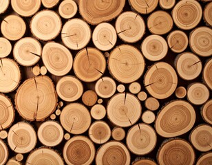 Close-up of stacked wooden logs with natural rings and cracks, showing warm brown tones and rustic texture