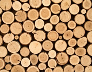 Close-up of stacked wooden logs with natural rings and cracks, showing warm brown tones and rustic texture