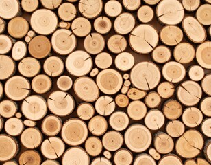 Close-up of stacked wooden logs with natural rings and cracks, showing warm brown tones and rustic texture