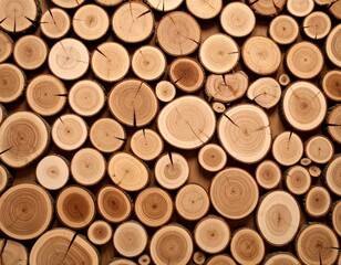 Close-up of stacked wooden logs with natural rings and cracks, showing warm brown tones and rustic texture