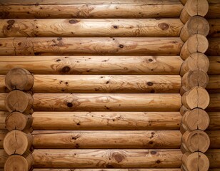 Close-up of stacked wooden logs with natural rings and cracks, showing warm brown tones and rustic texture