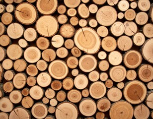 Close-up of stacked wooden logs with natural rings and cracks, showing warm brown tones and rustic texture