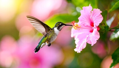 Fototapeta premium Hummingbird in flight, feeding from a pink hibiscus flower