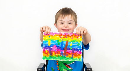 Smiling boy in wheelchair holding colorful child's artwork.