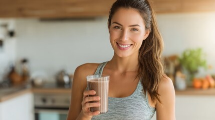 A smiling woman enjoys a healthy smoothie in a bright kitchen, promoting wellness and active living.