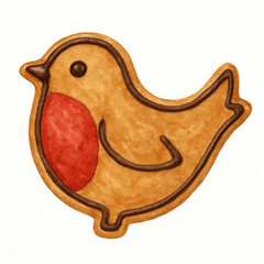 Obraz premium Watercolor illustration of single robin bird shaped cookie with brown and red icing, festive and charming holiday treat design, isolated on white background
