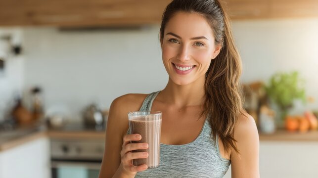 A smiling woman enjoys a healthy smoothie in a bright kitchen, promoting wellness and active living.