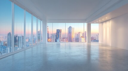 Modern High-Rise Empty Office with City View, Contemporary Interior Design and Polished Concrete Floor in Urban Setting