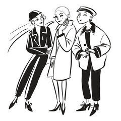 Two fashionable women in a 1950s-inspired black-and-white cartoon style, bold lines, confident poses, one in a skirt suit, the other in a short skirt and sweater, mid-century modern illustration style