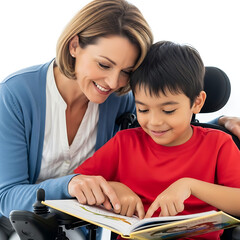 A smiling woman and a boy in a wheelchair share a book together, enjoying a moment of close connection and reading.
