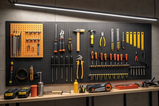 Organized workshop wall with assorted hand tools and pegboard storage - Powered by Adobe