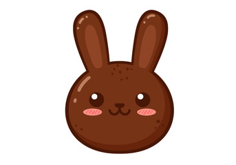 Cute chocolate bunny head illustration in a kawaii style. Adorable brown rabbit face character isolated on white.