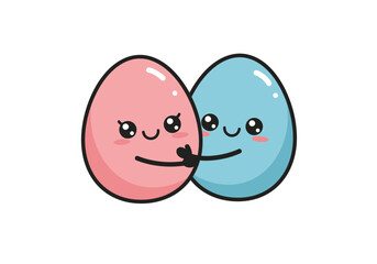 Obraz premium Adorable pink and blue cartoon eggs hugging. A cute couple in love, illustrated in a kawaii style on a white background.
