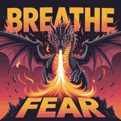 Fierce dragon breathing fire with breathe fear text overlay a powerful fantasy illustration for t shirts and designs