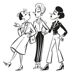 Two fashionable women in a 1950s-inspired black-and-white cartoon style, bold lines, confident poses, one in a skirt suit, the other in a short skirt and sweater, mid-century modern illustration style