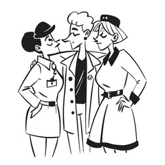 Two fashionable women in a 1950s-inspired black-and-white cartoon style, bold lines, confident poses, one in a skirt suit, the other in a short skirt and sweater, mid-century modern illustration style