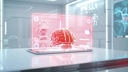 A digital brain model displayed on a futuristic tablet with holographic interface in a high-tech laboratory - Powered by Adobe