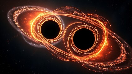 Two supermassive black holes in a cosmic dance, connected by energy streams across vast interstellar distance
