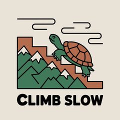 A determined turtle slowly climbs a staircase that winds through green mountains symbolizing perseverance and steady progress towards a goal with stylized clouds in the background