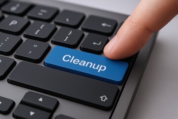 Finger pressing the cleanup button on a keyboard, symbolizing digital organization and data management