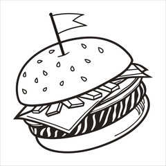 hamburger, cheeseburger, fast food, junk food, cartoon style, wight and black, simple shapes, digital illustration, line art design.