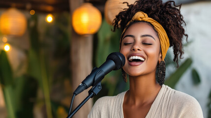 Joyful woman singing outdoors with microphone, surrounded by warm lights and greenery