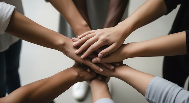 Diverse group of people joining hands in a circle for unity and teamwork