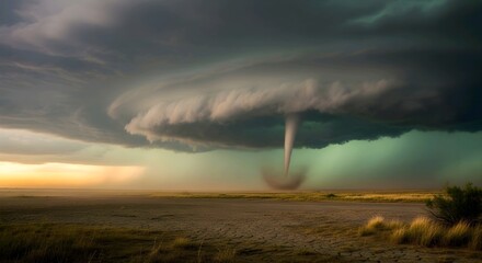 Tornado touches down in a vast, open field under a dark, ominous sky with swirling clouds, capturing a dramatic and intense weather moment, AI Generated.