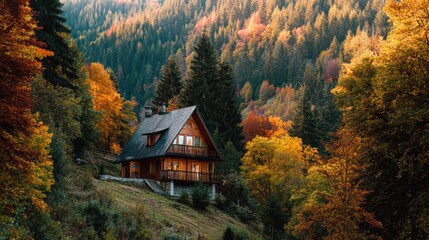 Charming wooden cabin nestled among vibrant autumn trees in a serene landscape, inviting tranquility and peace.
