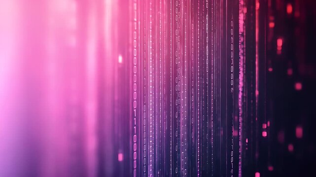 Abstract digital art with flowing, blurred pink and purple lines, binary code elements