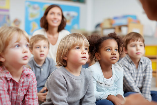 Group of children listening to teacher attentively/teachers day - Powered by Adobe
