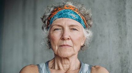 Confident elderly woman with a vibrant headband poses against a concrete background, embodying strength and resilience.