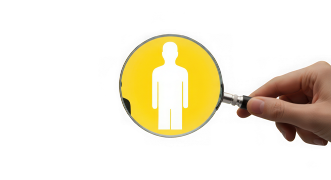 Ai generated image of hand holding magnifying glass over a person icon isolated on transparent background