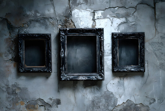 Scary horror haunted black picture frames on grunge dirty abandoned house wall.