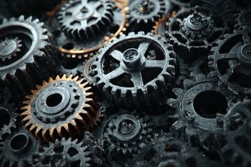 Intricate metal gears and cogs in close up detail