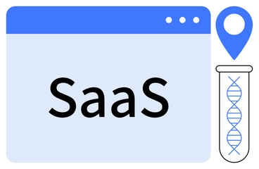 SaaS platform text in a browser window, DNA strand test tube, and location pin. Ideal for tech, biotech, SaaS, science, innovation healthcare data applications. Simple flat metaphor